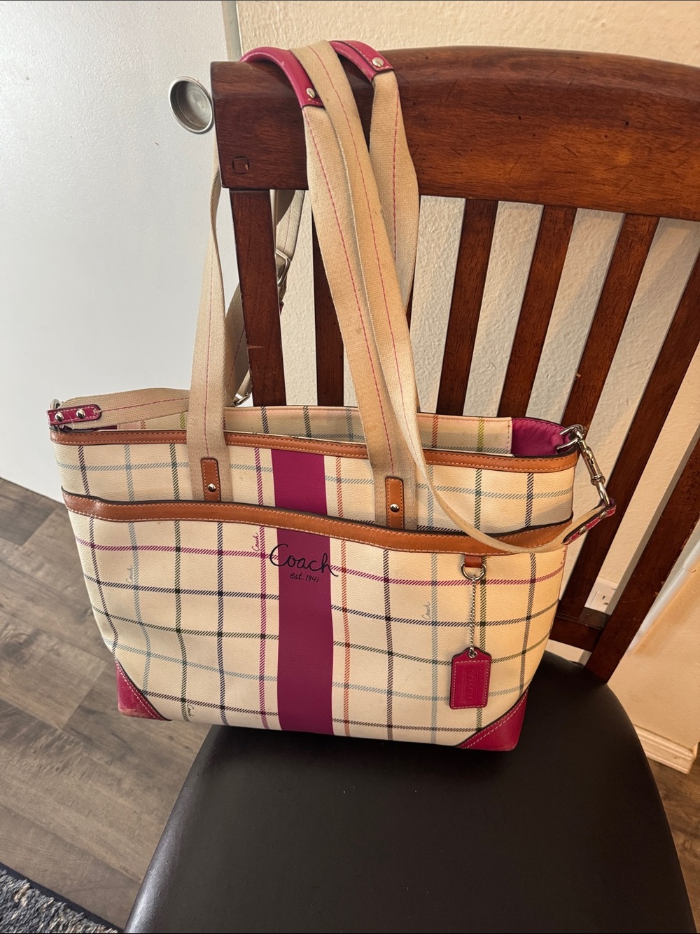 COACH Heritage Tattersall Large Pink Plaid F14792 2010 Crossbody Travel Tote Bag